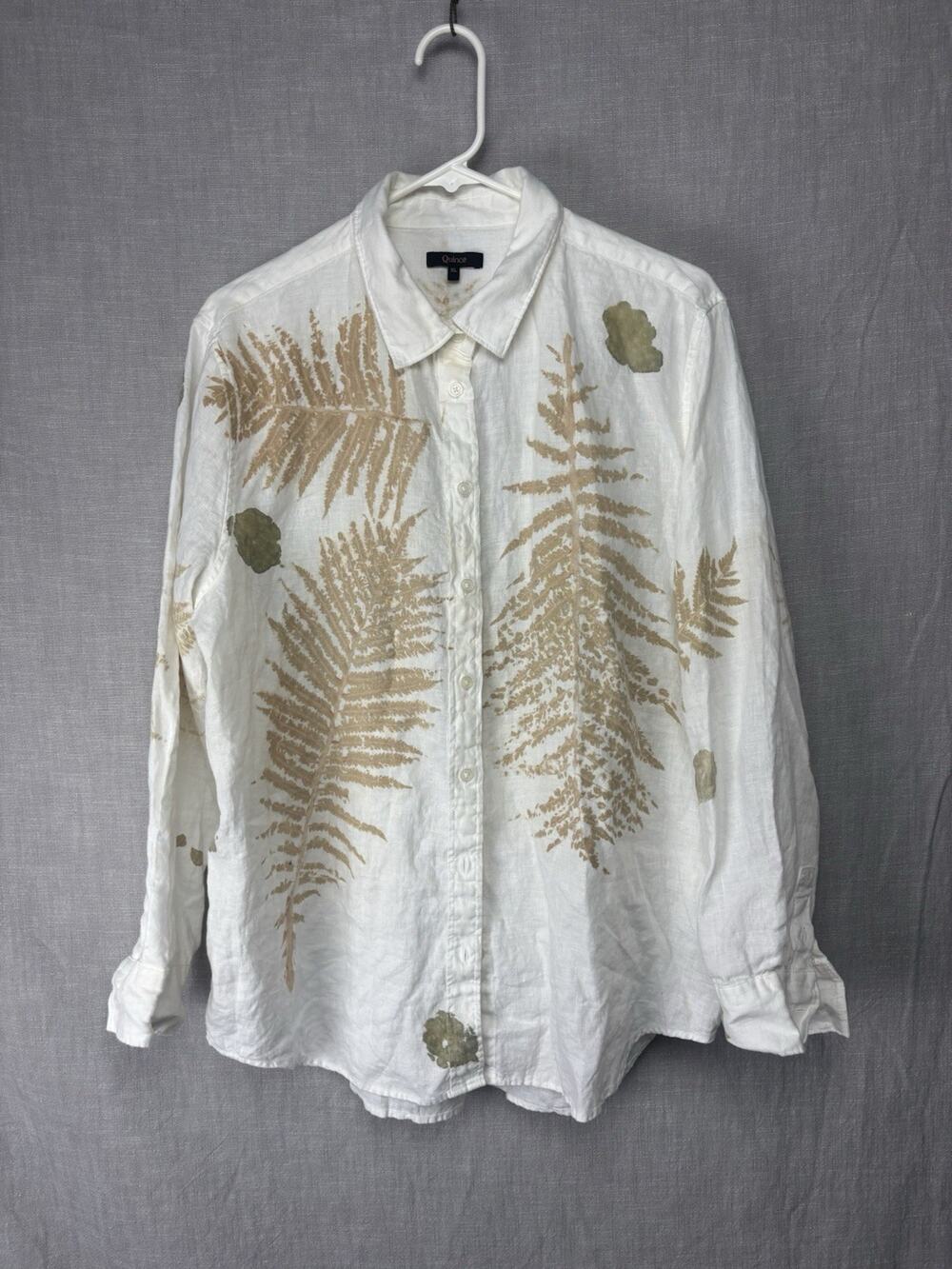 Quince Women's XL European 100% Linen Long Sleeve Button Down Shirt Leaves